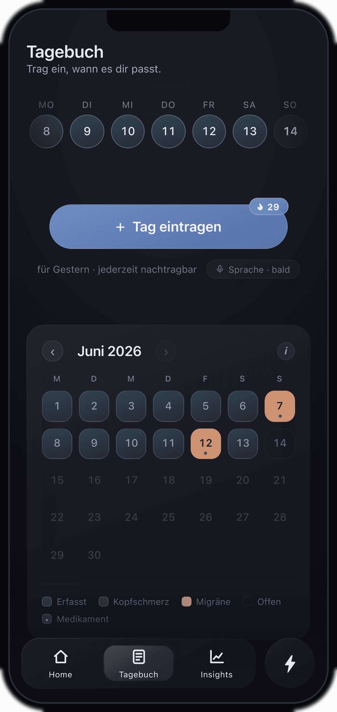 Der Tagebuch-Screen der Migora-App mit Wochenübersicht, Tageseintrag und Monatskalender.