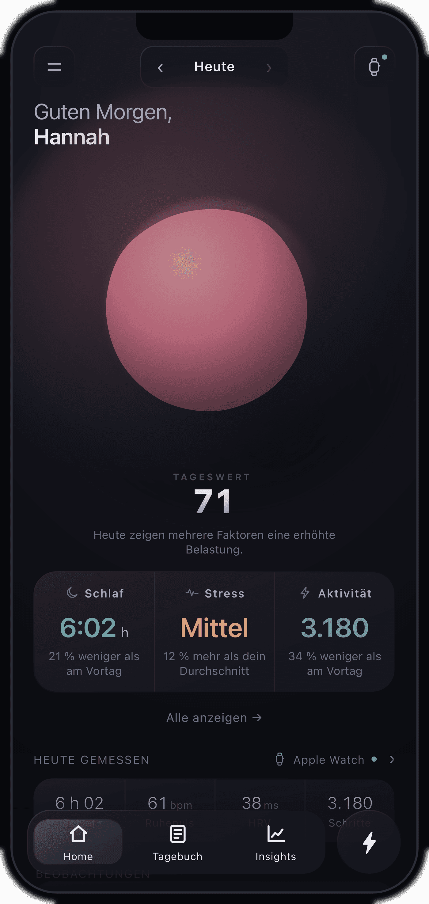 Die Migora-App auf einem Smartphone: der Startbildschirm mit dem persönlichen Tageswert und den wichtigsten Einflussfaktoren.